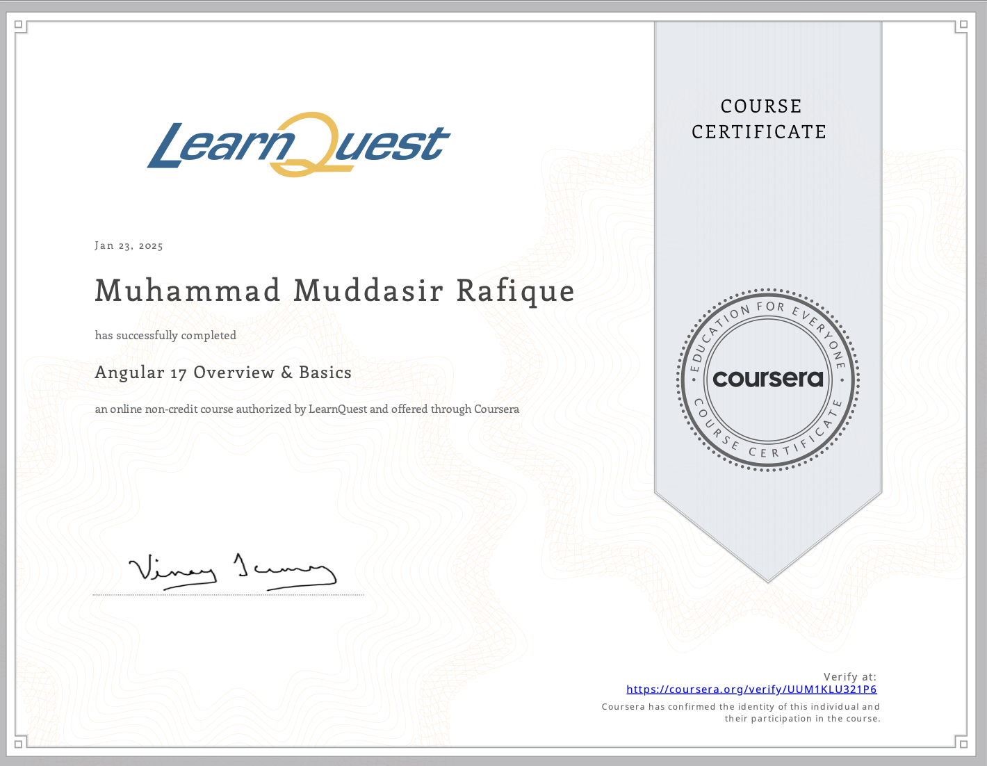 Angular 17 Overview & Basics certificate