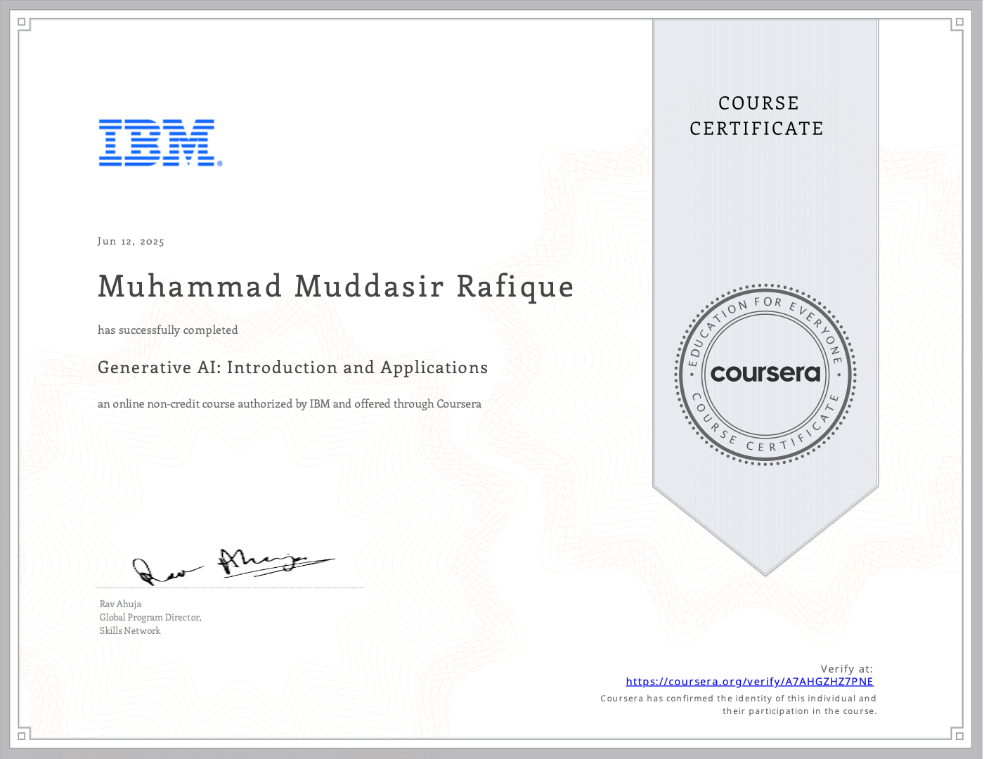 Generative AI: Introduction and Applications certificate
