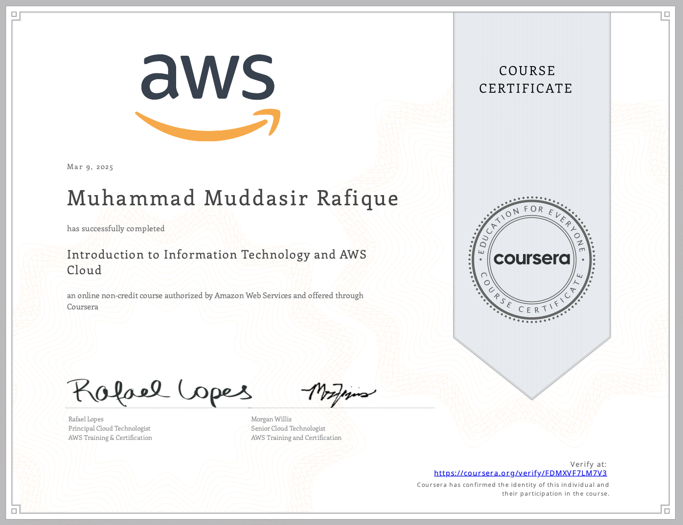 Introduction to Information Technology and AWS Cloud certificate