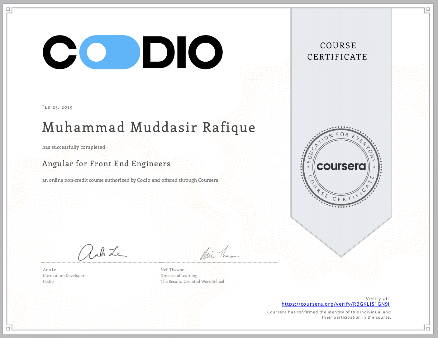 Angular for Frontend Engineers certificate