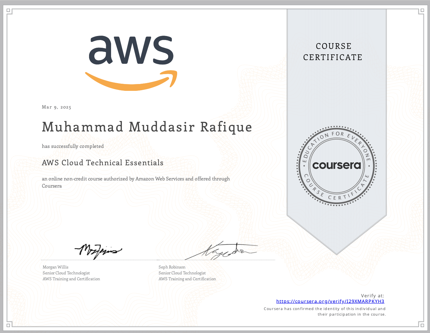 AWS Cloud Technical Essentials certificate