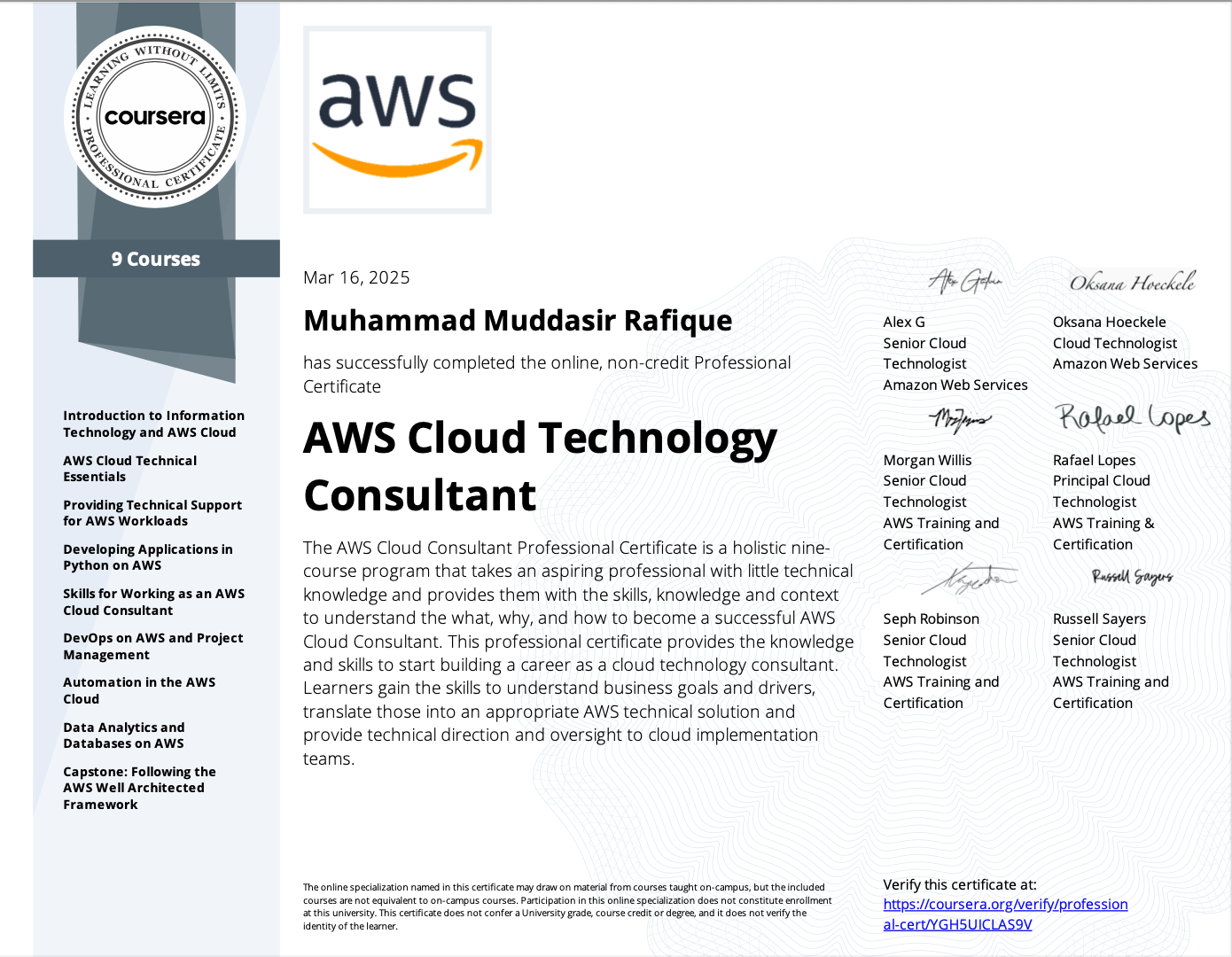 AWS Cloud Technology Consultant certificate
